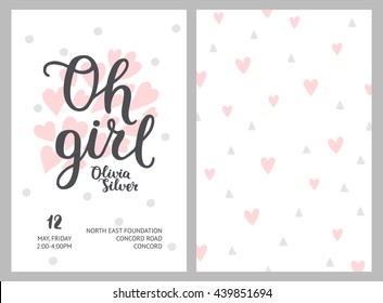 Baby shower girl poster, vector template. Shower pastel cards with hearts and hand drawn text on white background