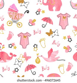 Baby shower girl seamless pattern. Vector watercolor kids background. 