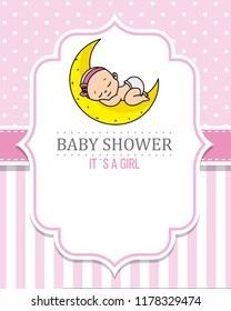 baby shower girl. baby girl sleeping on the moon. space for text