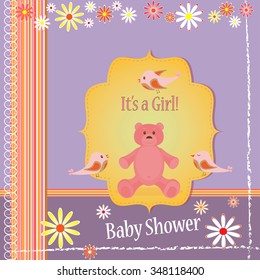 Baby Shower it's a girl with teddy bear, birds and flowers
