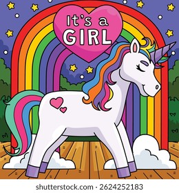 Baby Shower Its A Girl Unicorn Colored Cartoon 