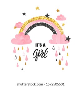 Baby shower girl vector illustration. Abstract rainbow with clouds.