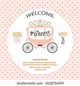 Baby shower girl. Vector invitation card design with  princess carriage.