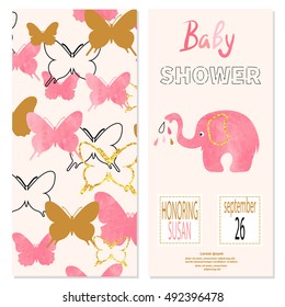 Baby shower girl. Vector invitation card design with butterflies and cute elephant. 