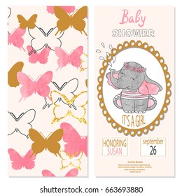 Baby shower girl. Vector invitation card design with butterflies and cute baby elephant.