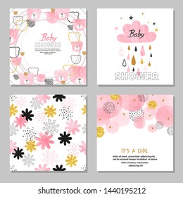 Baby Shower girl vector set. Collection of cards in pink color.