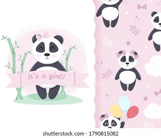 Baby shower girl, vector templates.  Shower in pastel light pink card with newborn baby, symbols seamless pattern. Vector illuastration