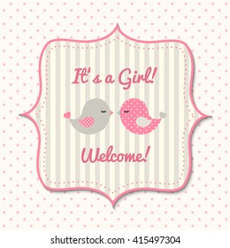 Baby shower for girls with two cute pink and gray birds, on polka dot background, vector illustration in scrapbooking style, eps 10 with transparency