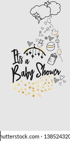 Baby shower golden greeting postcard invitation. Cute hand drawn toys . It's a girl, boy party. Vector illustration.