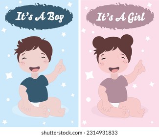 Baby Shower greeting card with babies boy and girl. "It's a boy" and "It's a girl". Baby gender reveal. Flat vector illustration design.