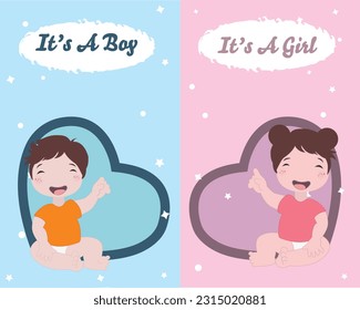 Baby Shower greeting card with babies boy and girl. "It's a boy" and "It's a girl". Baby gender reveal. Flat vector illustration design. Baby shower card with heart.