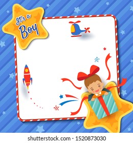 Baby Shower greeting card with a boy in present box decorated with star and frame blue background.