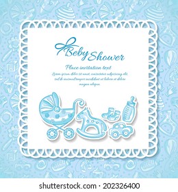 Baby shower, greeting card for baby boy, seamless pattern baby icons