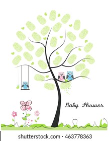 Baby shower greeting card. Baby boy. Baby owl. Owl family with made of finger prints tree vector illustration