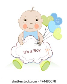 Baby shower greeting card with baby boy and hearts balloon vector illustration