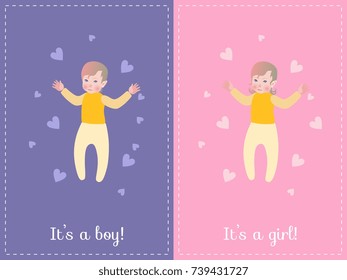 Baby Shower greeting card. It's a boy on blue background. It's a girl on pink background. Cute kids with hearts.