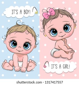 Baby Shower Greeting Card With Cartoon Babies Boy And Girl