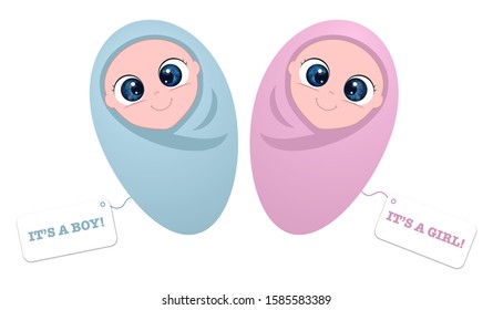 Baby shower greeting card with cartoon babies boy and girl. Newborn kids with tags "It's a boy!" and "It's a girl!". Baby swaddle.