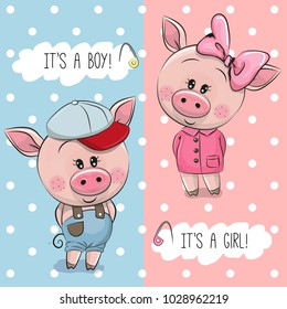 Baby Shower greeting card with Cute Pigs boy and girl