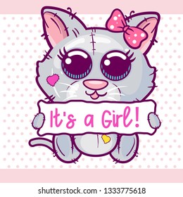 Baby Shower Greeting Card with cute kitten girl Cartoon. Can be used for baby t-shirt print, fashion print design, kids wear, baby shower celebration greeting and invitation card. - Vector