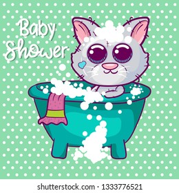 Baby Shower Greeting Card with cute kitten boy Cartoon. Can be used for baby t-shirt print, fashion print design, kids wear, baby shower celebration greeting and invitation card. - Vector