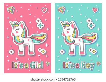 Baby Shower greeting card with Cute kawaii cartoon Unicorns boy and girl stickers set print for  post card. flyer, badges, poster, postcard, patches, scrapbooking element