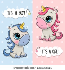 Baby Shower greeting card with Cute Unicorns boy and girl