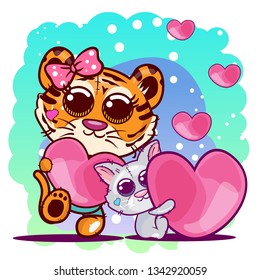 Baby Shower greeting card with cute tiger and cat cartoon. Can be used for baby t-shirt print, fashion print design, kids wear, baby shower celebration, greeting and invitation card. - Vector