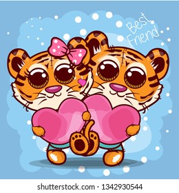 Baby Shower Greeting Card with cute tigers cartoon. Can be used for baby t-shirt print, fashion print design, kids wear, baby shower celebration, greeting and invitation card. - Vector