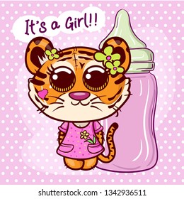 Baby Shower Greeting Card with cute Cartoon tiger girl. Can be used for baby t-shirt print, fashion print design, kids wear, baby shower celebration, greeting and invitation card. - Vector
