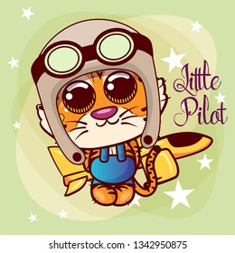 Baby Shower Greeting Card with cute Cartoon Tiger. Can be used for baby t-shirt print, fashion print design, kids wear, baby shower celebration, greeting and invitation card. - Vector