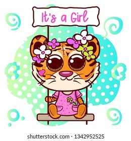 Baby Shower Greeting Card with cute Cartoon Tiger girl. Can be used for baby t-shirt print, fashion print design, kids wear, baby shower celebration, greeting and invitation card. - Vector