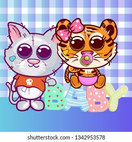 Baby Shower greeting card with cute tiger and cat cartoon . Can be used for baby t-shirt print, fashion print design, kids wear, baby shower celebration, greeting and invitation card. - Vector