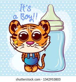 Baby Shower Greeting Card with cute tiger cartoon. Can be used for baby t-shirt print, fashion print design, kids wear, baby shower celebration, greeting and invitation card. - Vector