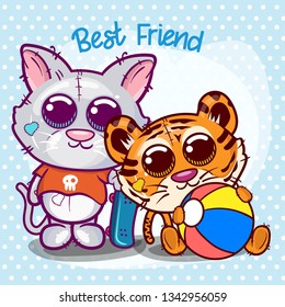Baby Shower greeting card with cute tiger and cat cartoon. Can be used for baby t-shirt print, fashion print design, kids wear, baby shower celebration, greeting and invitation card. - Vector