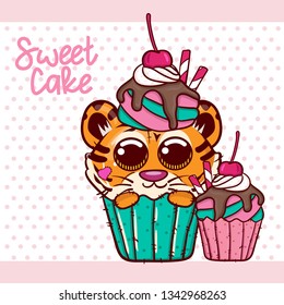 Baby Shower Greeting Card with cute Cartoon tiger boy. Can be used for baby t-shirt print, fashion print design, kids wear, baby shower celebration, greeting and invitation card. - Vector