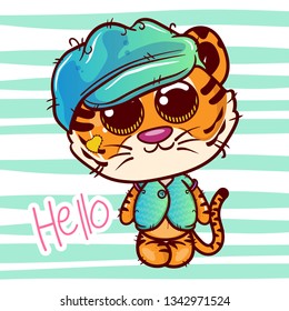 Baby Shower Greeting Card with cute Cartoon tiger boy. Can be used for baby t-shirt print, fashion print design, kids wear, baby shower celebration, greeting and invitation card. - Vector