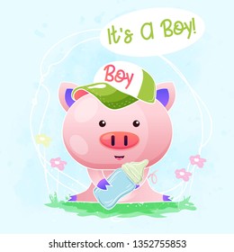 Baby Shower Greeting Card with cute pig cartoon. Can be used for kids/babies shirt design, fashion print design,t-shirt, kids wear,textile design,celebration card/ greeting card, invitation card.