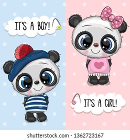 Baby Shower greeting card with Cute Pandas boy and girl