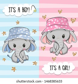 Baby Shower greeting card with Cute Elephant boy and girl