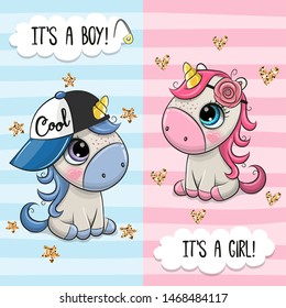 Baby Shower greeting card with Cute Unicorns boy and girl