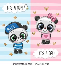 Baby Shower greeting card with Cute Pandas boy and girl