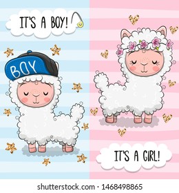 Baby Shower greeting card with Cute Alpacas boy and girl