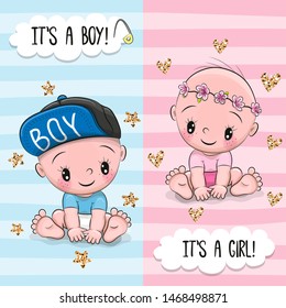 Baby Shower greeting card with Cute Babies boy and girl