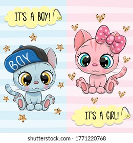 Baby Shower greeting card with Cute Kittens boy and girl