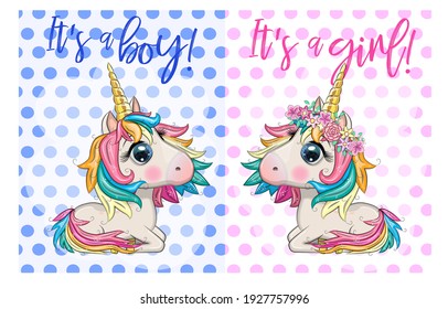 Baby Shower Greeting Card with cute Cartoon Unicorn girl and boy.