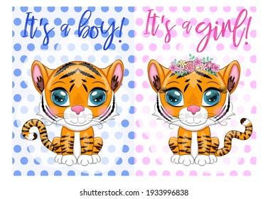 Baby Shower greeting card with Cute boy and girl. Cartoon tiger with expressive eyes. Wild animals, character, childish cute style