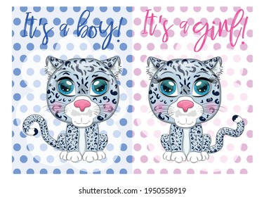 Baby Shower greeting card with Cute boy and girl. Cartoon snow leopard couple with expressive eyes. leopard snow, irbis