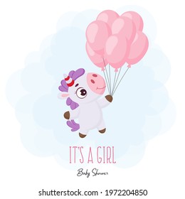 Baby Shower greeting card with cute magic unicorn flying on balloons. Funny magic unicorn cartoon character with phrase "It's a girl". Bright colored childish stock vector illustration.