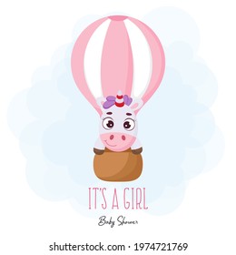 Baby Shower greeting card with cute magic unicorn flying on hot air balloon. Funny magic unicorn cartoon character with phrase "It's a girl". Bright colored childish stock vector illustration.